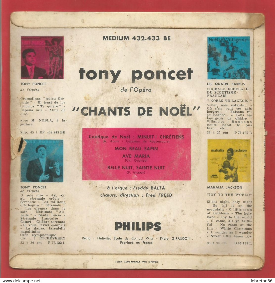 TONY PONCET - Super  45T- SP - Chants De Noël,Minuit Chrétiens,Mon Beau Sapin - 4 Titres    X 2 Scans - Christmas Carols