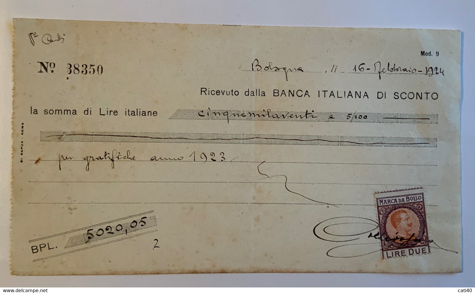 BANCA ITALIANA DI SCONTO - BOLOGNA  16/2/1924 - RICEVUTA IN BOLLO - Steuermarken