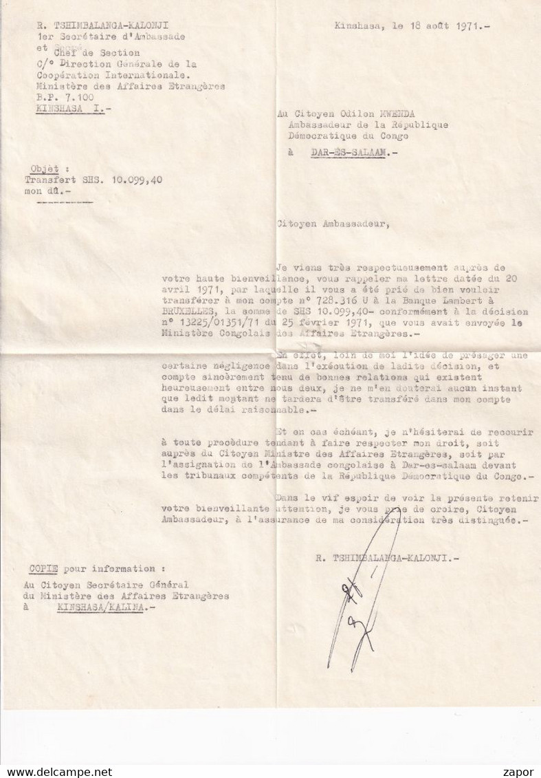 Brief / Lettre - Kinshasa To Dar Es Salaam - Tanzania / Tanzanië - 1971 - Aangetekend / Recommandé - Brieven En Documenten