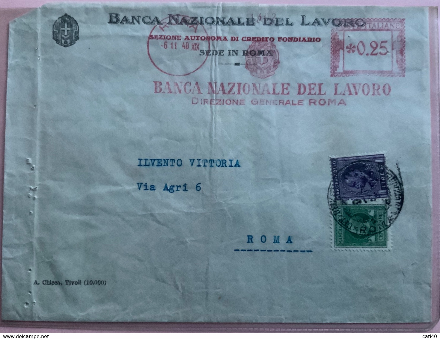 BANCA NAZIONALE DEL LAVORO  ROMA  TARGHETTA ROSSA 0,25 MISTA CON MARCHE DA BOLLO - 6/11/40 - Steuermarken