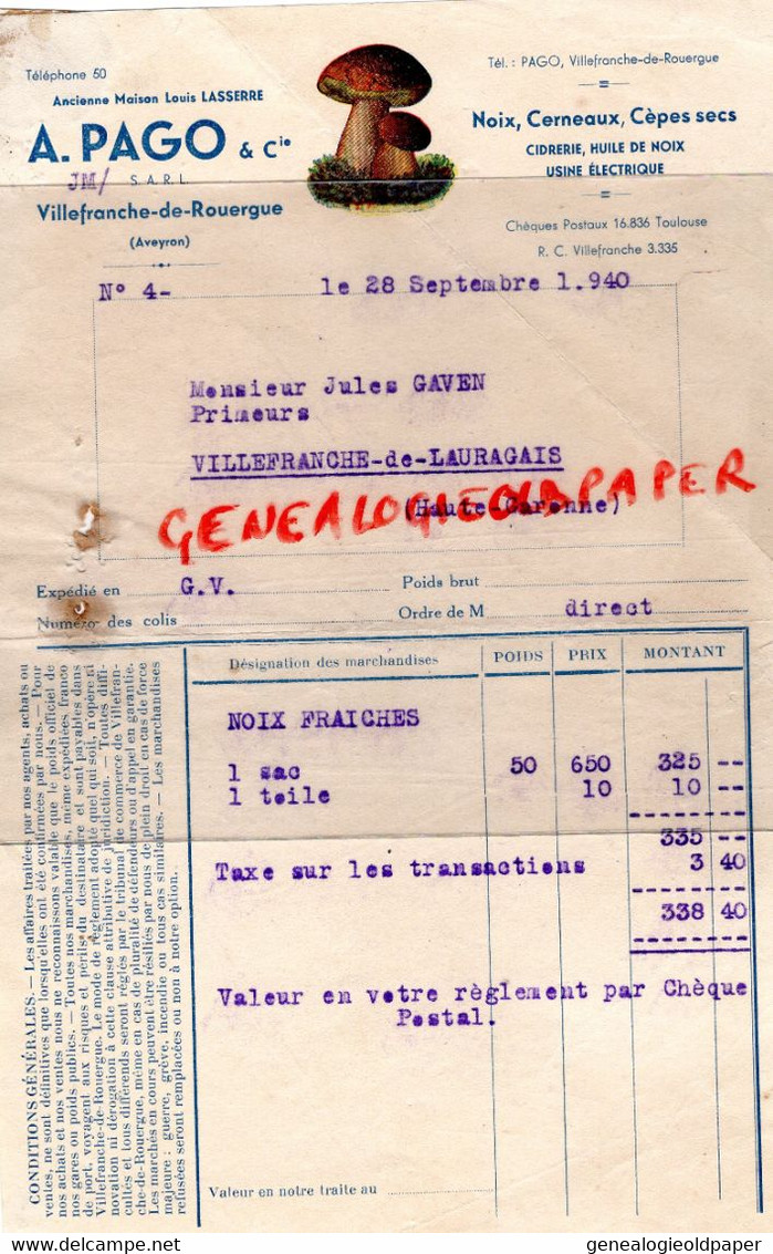 12- VILLEFRANCHE DE ROUERGUE- FACTURE A. PAGO-LOUIS LASSERRE-NOIX CEPES-CIDRERIE-A JULES GAVEN VILLEFRANCHE LAURAGAIS - Lebensmittel