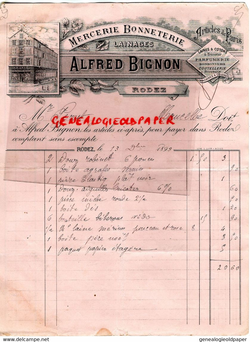 12- RODEZ- FACTURE ALFRED BIGNON-MERCERIE BONNETERIE-PARFUMERIE-BONBONNERIE-1899 - Textile & Clothing