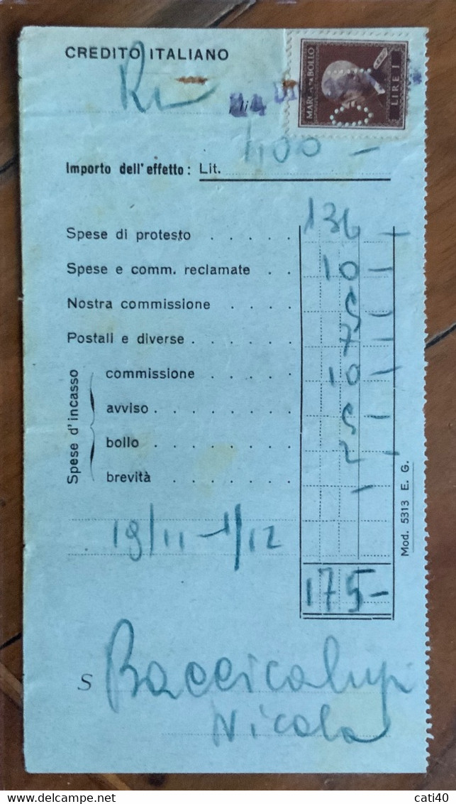 MARCA DA BOLLO PERFIN SU RICEVUTA DEL CREDITO ITALIANO DEL  24 DIC.45 - Fiscaux