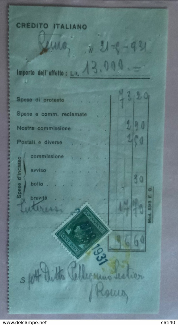 MARCA DA BOLLO PERFIN SU RICEVUTA DEL CREDITO ITALIANO DEL  27 MARZO 1931 - Steuermarken