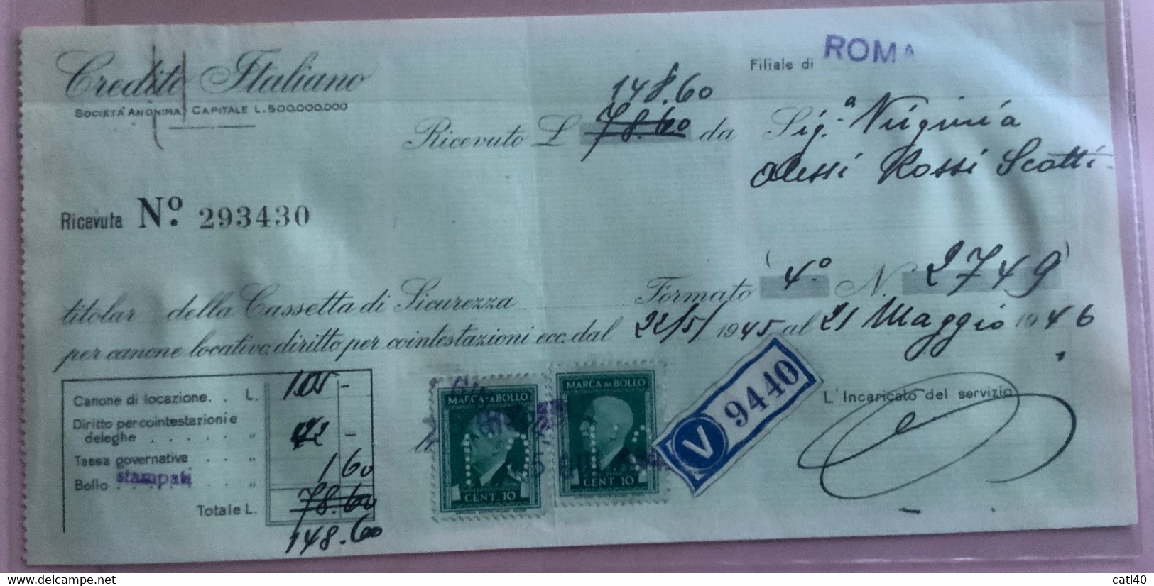 MARCA DA BOLLO PERFIN SU RICEVUTA DEL CREDITO ITALIANO DEL  27 MARZO 1931 - Steuermarken