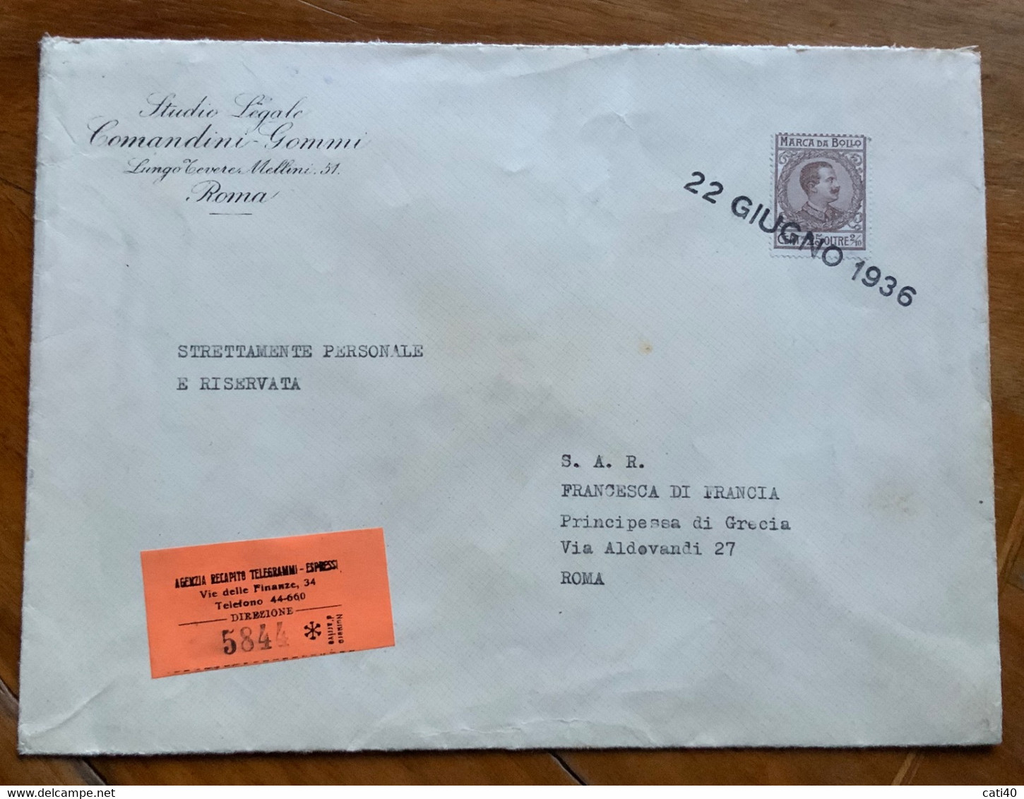 MARCA DA BOLLO Come FRANCOBOLLO R.A.  - Per S.A.R.FRANCESCA DI FRANCIA  PRINCIPESSA DI GRECIA - ROMA - 22 GIUGNO 1936 - Steuermarken
