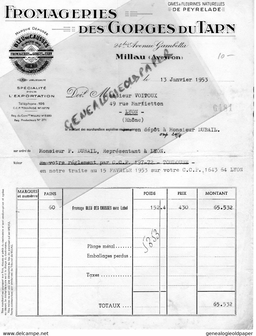 12- MILLAU- RARE FACTURE FROMAGERIES FROMAGERIE GORGES DU TARN-CAVES DE PEYRELADE-BLEU DES CAUSSES-M. VOITOUX LYON-1953 - Lebensmittel
