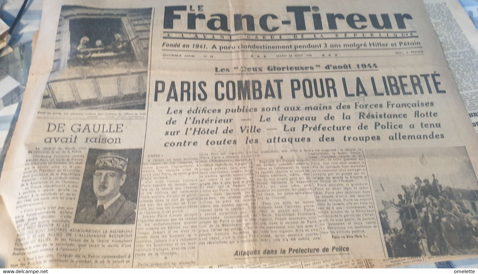 FRANC TIREUR 44 /PARIS COMBAT LIBERTE/DE GAULLE /RESISTANTS F.F.I /LAVAL VICHY - General Issues