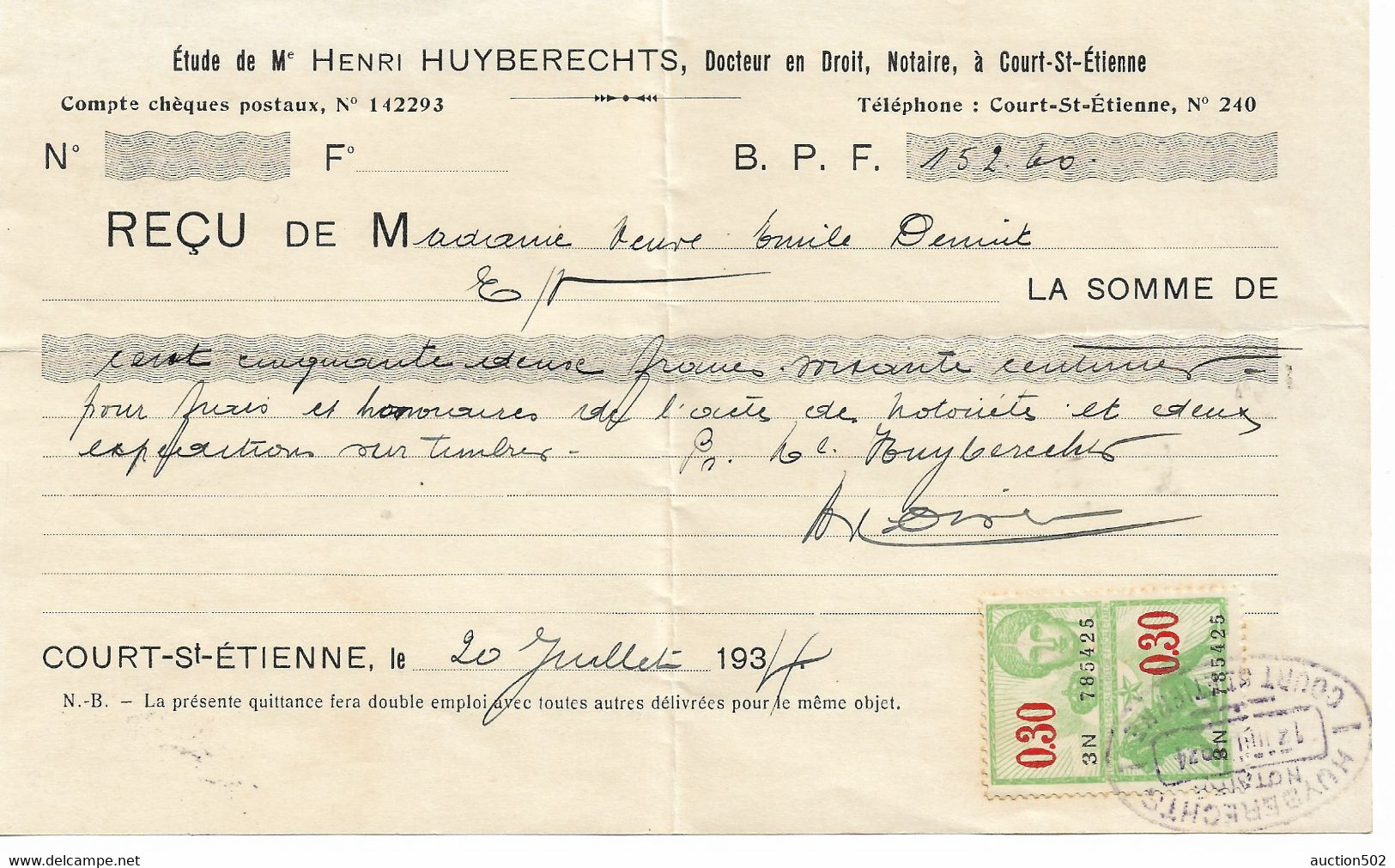 2550PR/ Reçu 1934 De 152,60 Frs  H.Huyberechts Notaire Court Saint Etienne Timbres Fiscaux - Bank & Insurance