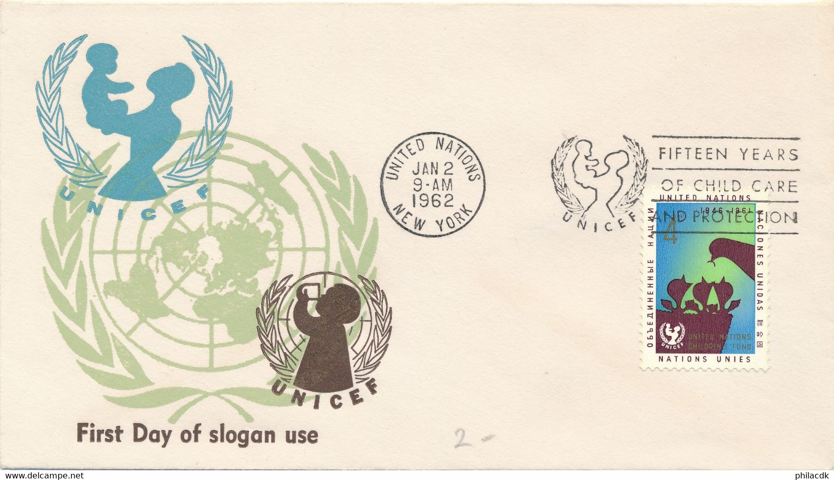 NATIONS UNIES NEW YORK - TIMBRE SUR ENVELOPPE AVEC CAD DU 2 JANVIER 1962 FIFTEEN YEARS OF CHILD CARE AND PROTECTION UNIC - Storia Postale