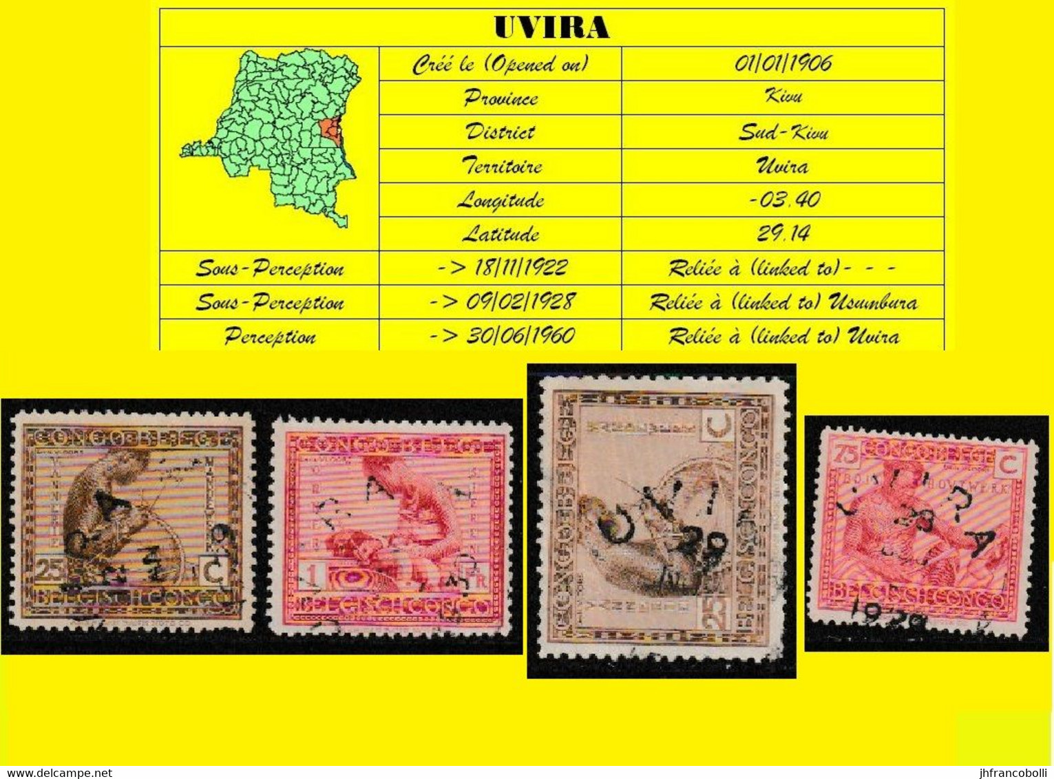 (°) BELGIAN CONGO / CONGO BELGE =  UVIRA CANCELATION STUDY VLOORS -1 + 2-  + 4 STAMPS [H] - Varietà E Curiosità