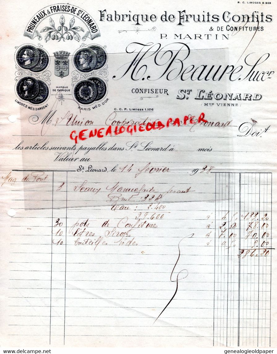 87- SAINT ST LEONARD NOBLAT- FACTURE H. BEAURE -P. MARTIN- FABRIQUE FRUITS CONFITS-PATISSERIE CONFISERIE CONFISEUR-1938 - Lebensmittel