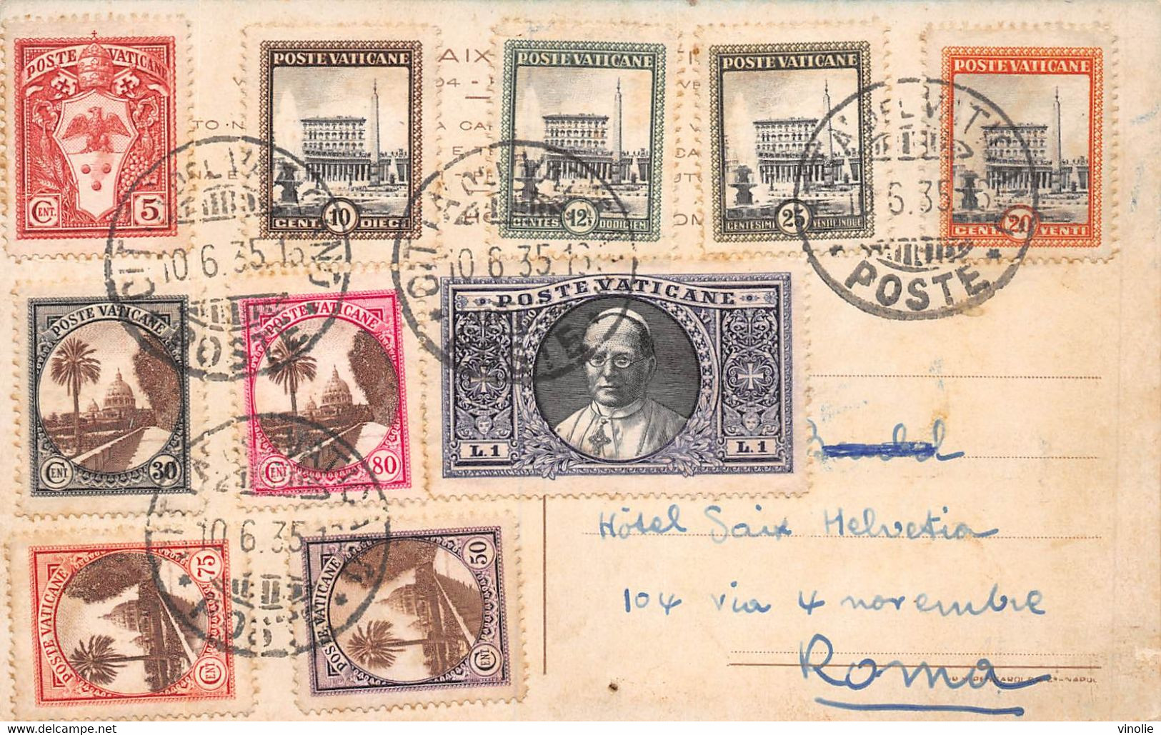 22-5474 : JOLIE CARTE POSTALE  AVEC 10 TIMBRES DIFFERENTS DU VATICAN. 10 JUIN 1935. HOTEL PAIX ET HELVETIA  A ROME - Varietà E Curiosità