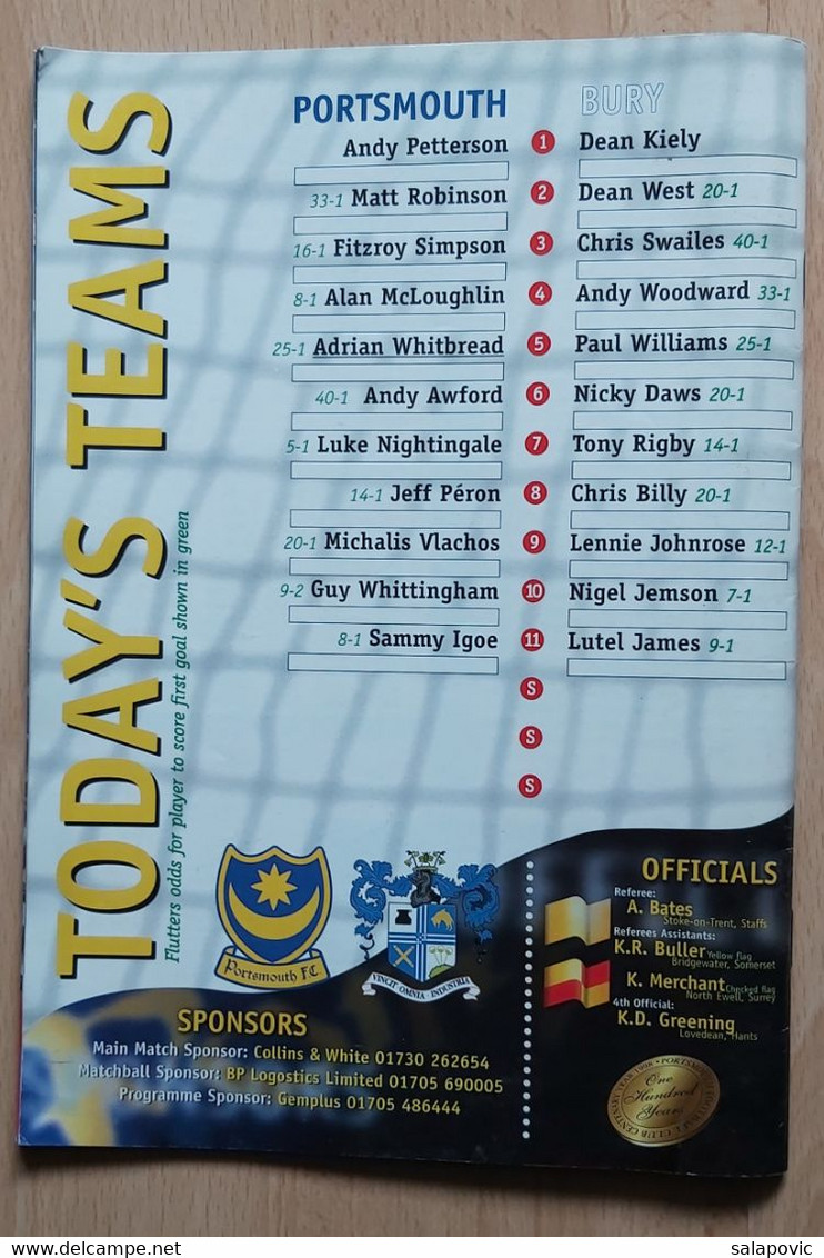 Portsmouth FC vs Bury FC 13.2.1999 football match program