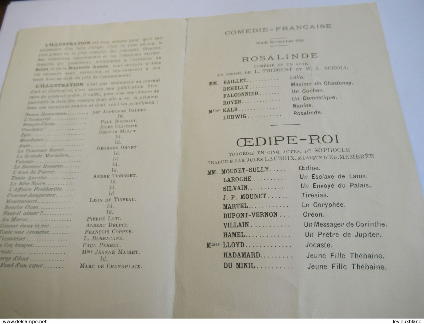 Petit Programme 2 Volets/ Comédie Française/ LUDWIG/Rosalinde/Œdipe-Roi/ L'Illustration/ 1891      COFIL1 - Programma's