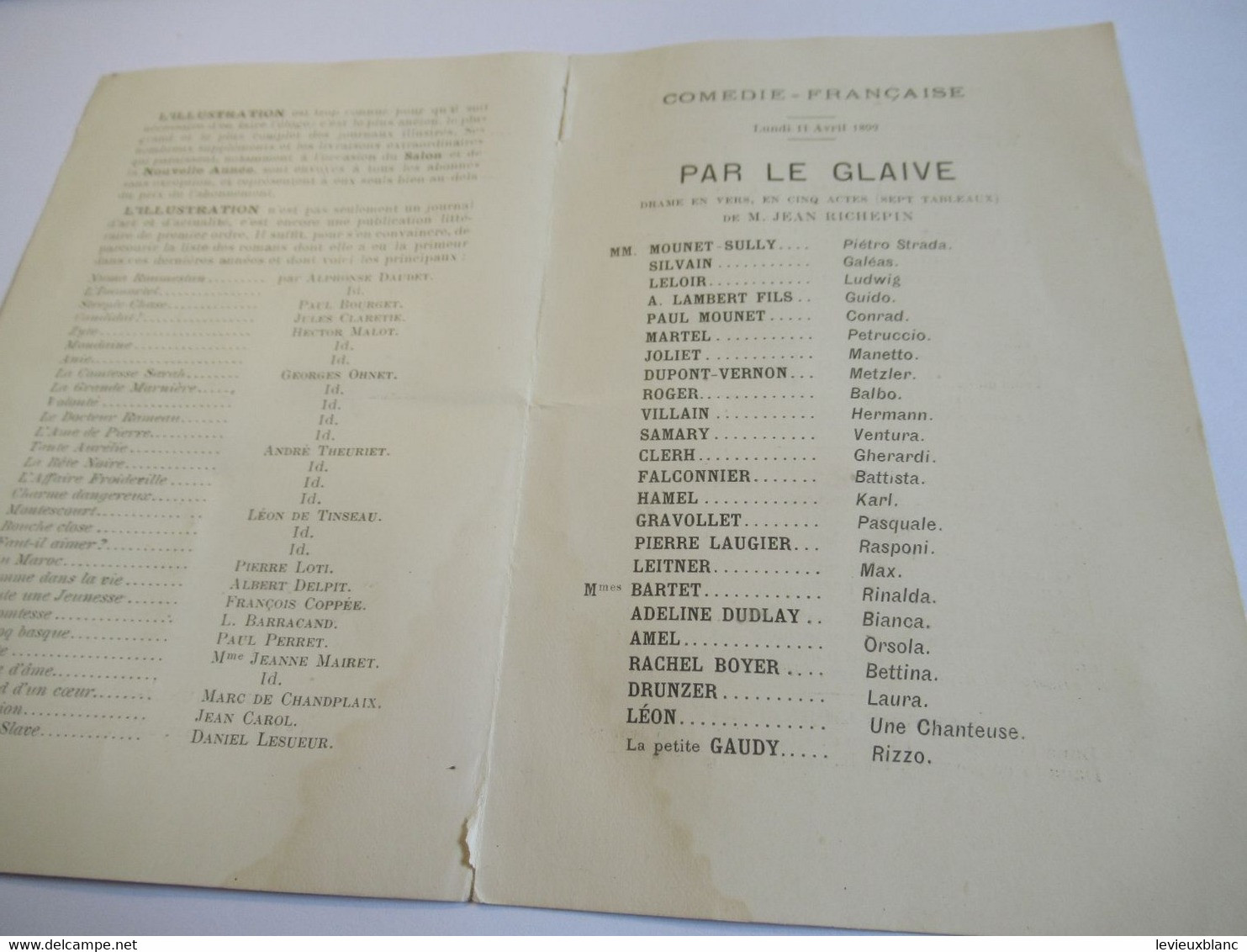 Petit Programme 2 Volets/ Comédie Française/M MOUNET-SULLY/Par Le Glaive/ L'Illustration/ 1892     COFIL2 - Programma's