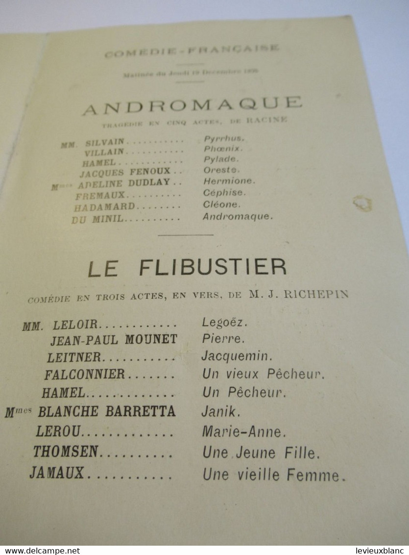 Petit Programme 2 Volets/Comédie Française/M Jacques FENOUX/Andromaque/Le Flibustier/ L'Illustration/1895    COFIL5 - Programma's