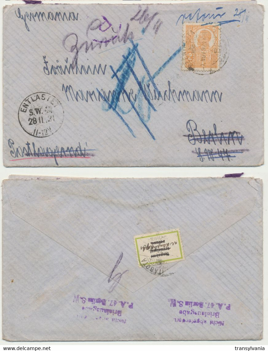 Romania 1921 Cover To Germany Return To Sender Hungary Cancellation Agnita 2 Lei King Ferdinand Stamp - Transsylvanië