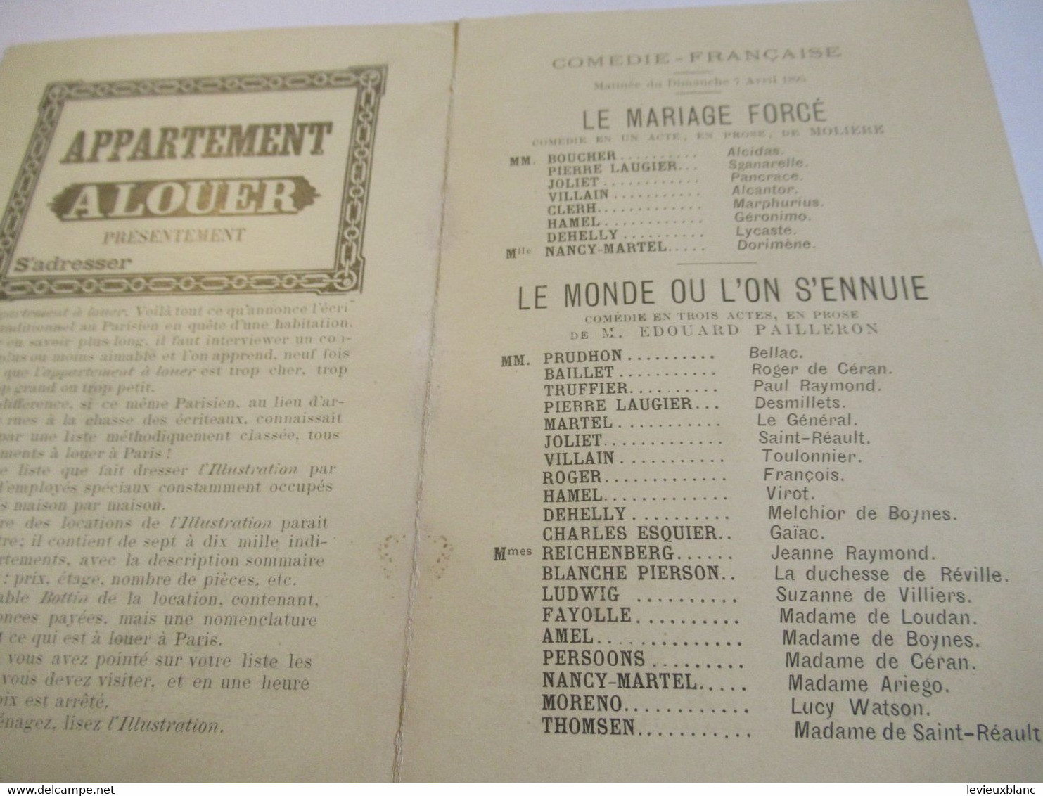 Petit Programme 2 Volets/Comédie Française/Melle Suzanne REICHENBERG/le Mariage Forcé/ L'Illustration/1895    COFIL8 - Programmes