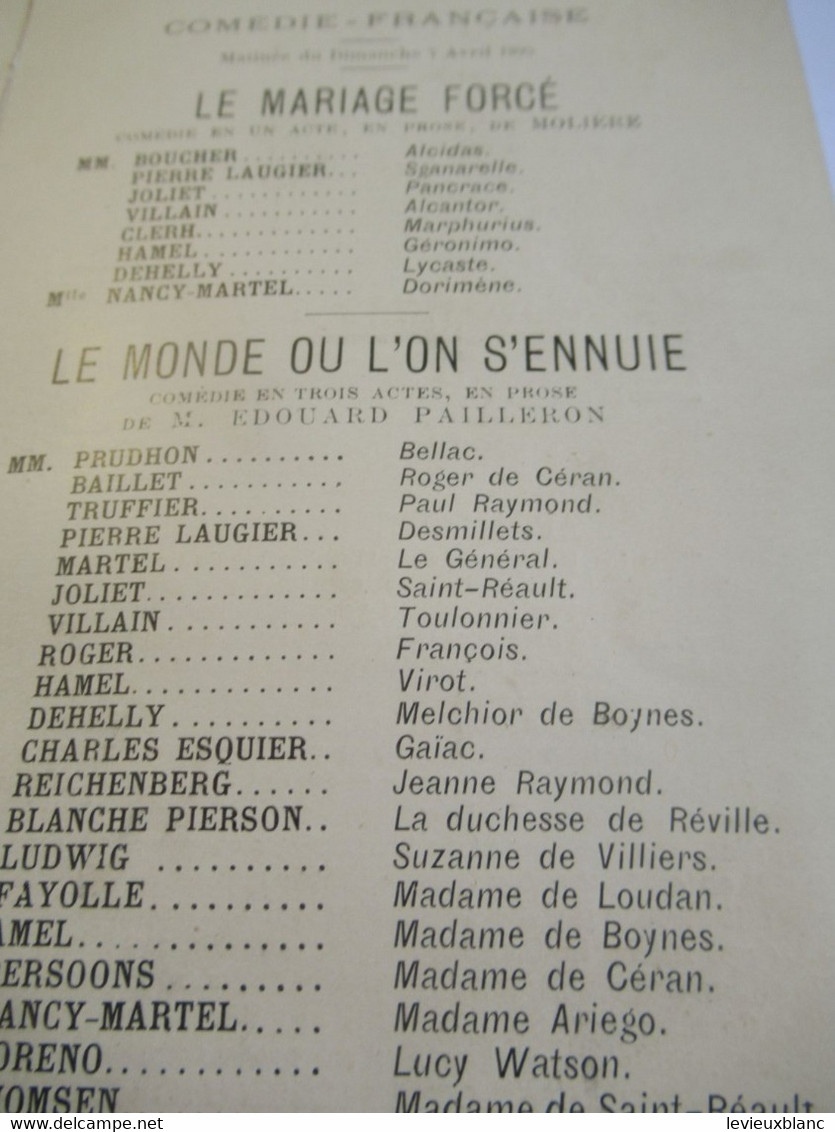 Petit Programme 2 Volets/Comédie Française/Melle Suzanne REICHENBERG/le Mariage Forcé/ L'Illustration/1895    COFIL8 - Programma's