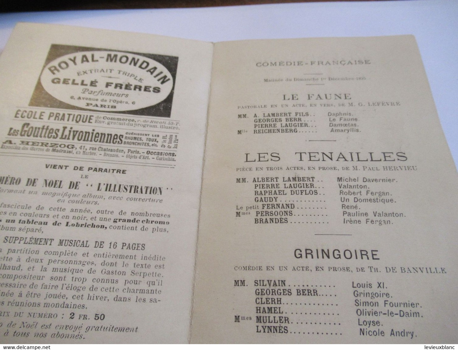 Petit Programme 2 Volets/Comédie Française/Melle Suzanne REICHENBERG/La Faune/Les Tenailles/ L'Illustration/1895  COFIL9 - Programma's