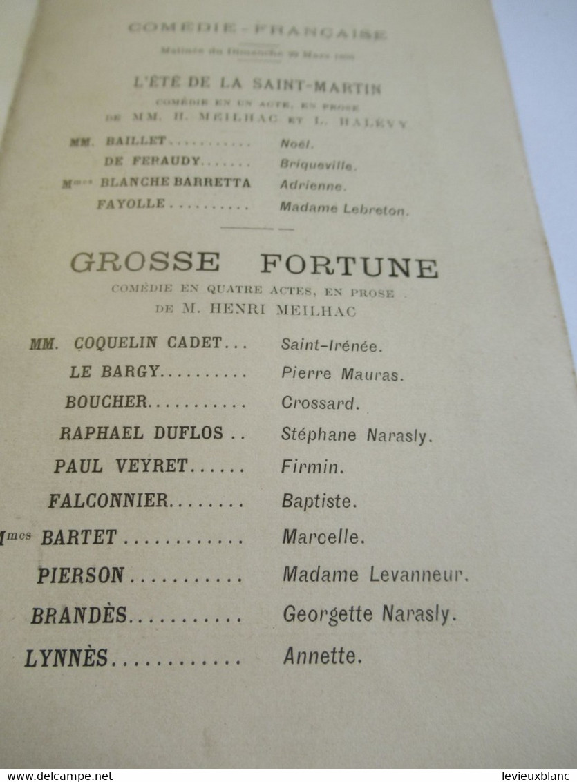 Petit Programme 2 Volets/Comédie Française/Melle BARTET/L'été De La St Martin/Grosse Fortune/L'Illustration/1896 COFIL12 - Programma's