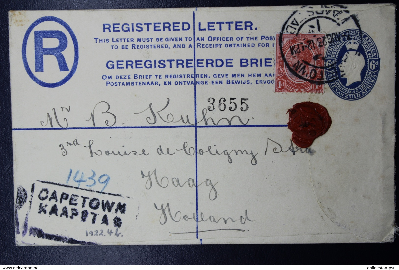 South Africa: Registered Cover Cape Town -> The Hague Holland  1923 + Add. Stamp - Brieven En Documenten