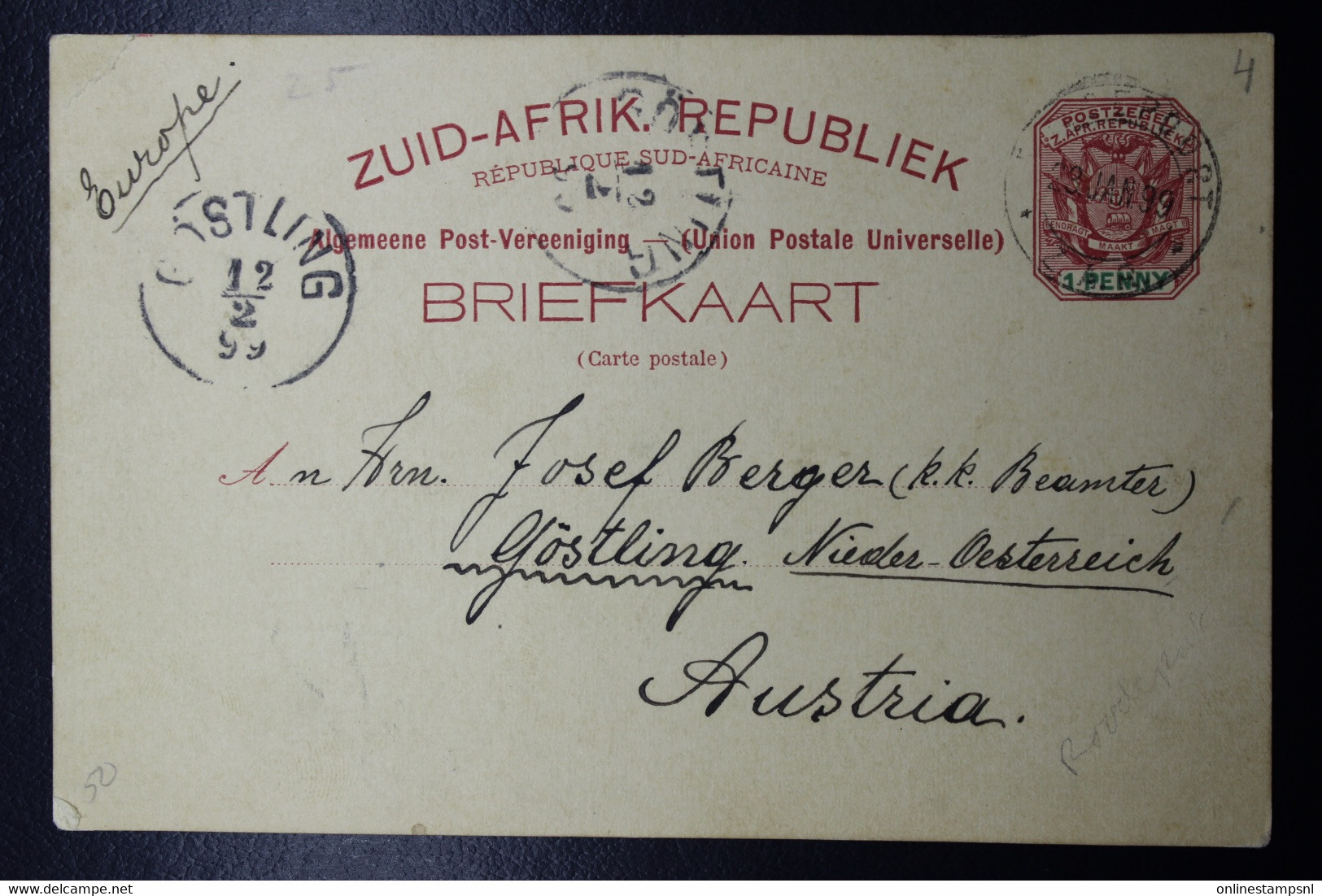 South Africa: Postcard Roodepoort  -> Göstling - Austria 1899 - Storia Postale