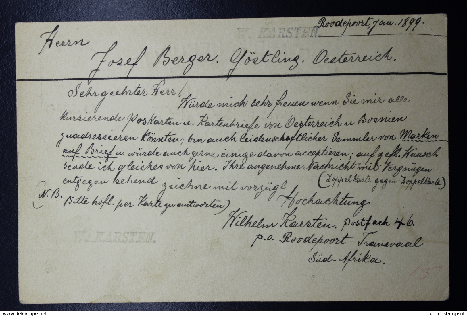 South Africa: Postcard Roodepoort  -> Göstling - Austria 1899 - Briefe U. Dokumente