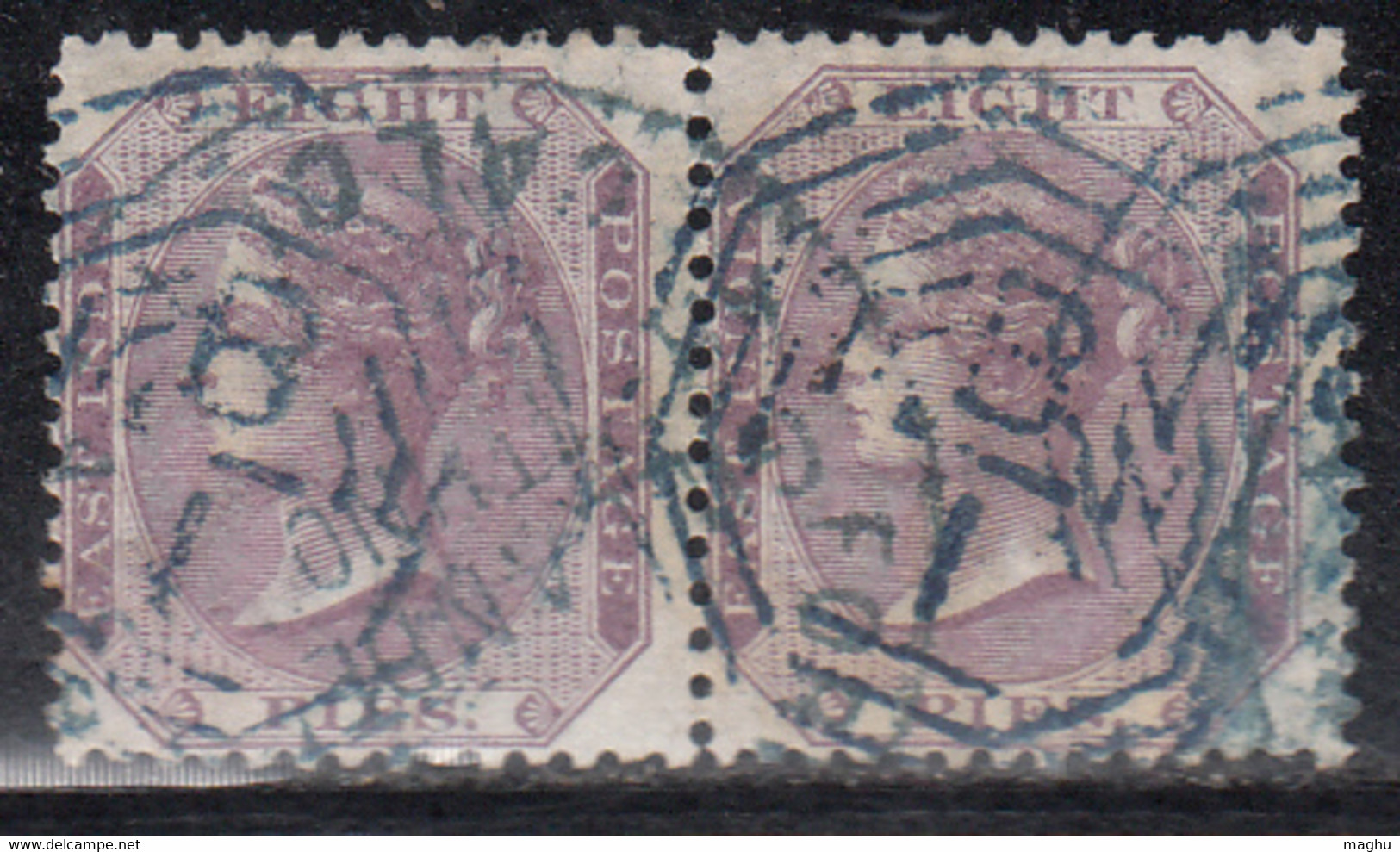 8p Pair, Col Mauve, Elephant Watermark ,1865 Eight Pies, British East India Used - 1858-79 Compagnie Des Indes & Gouvernement De La Reine