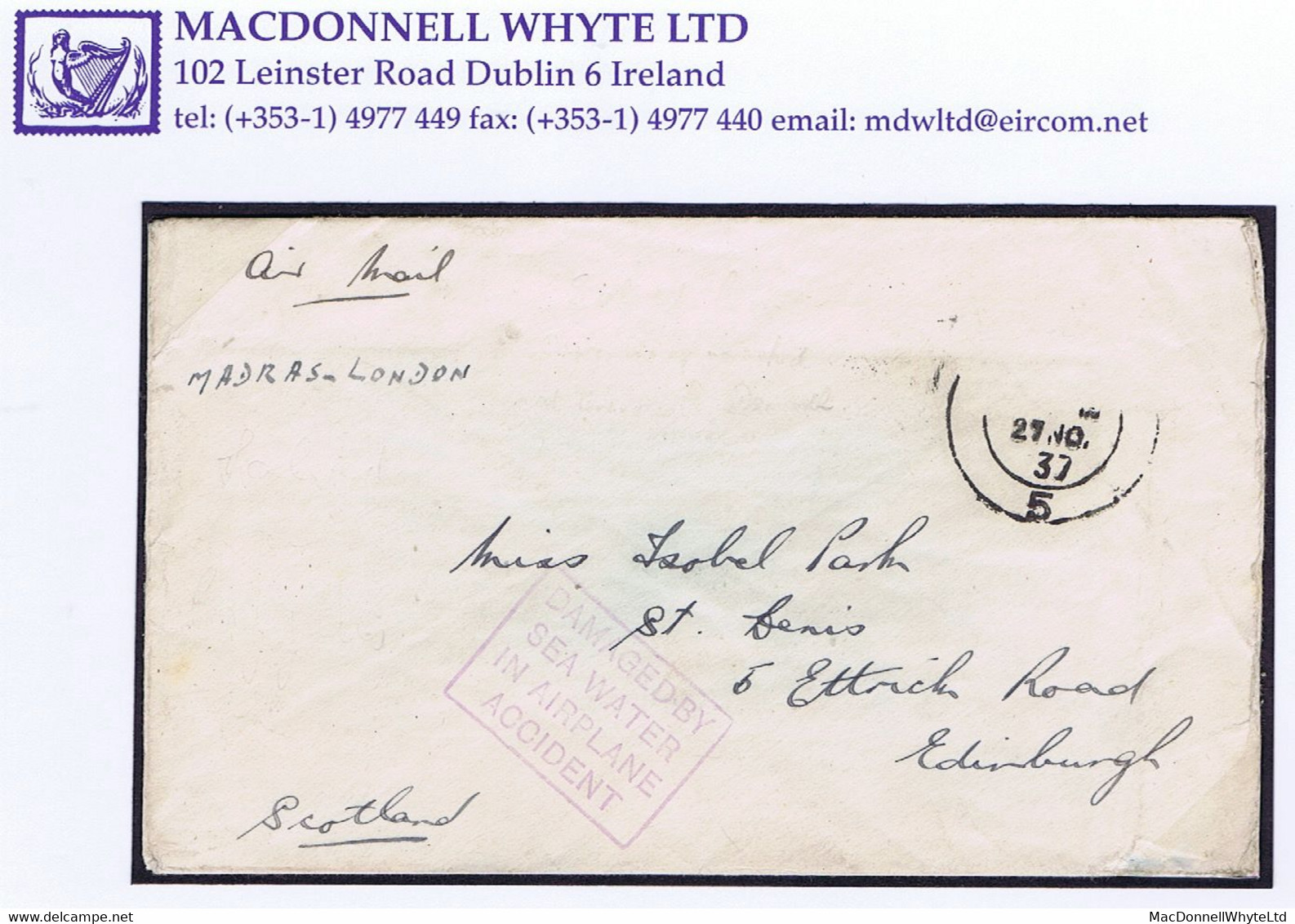 India Ceylon 1937 Airmail Cover MADRAS-LONDON To Scotland With AIRPLANE ACCIDENT Cachet, Flying Boat "Cygnus" - Airmail