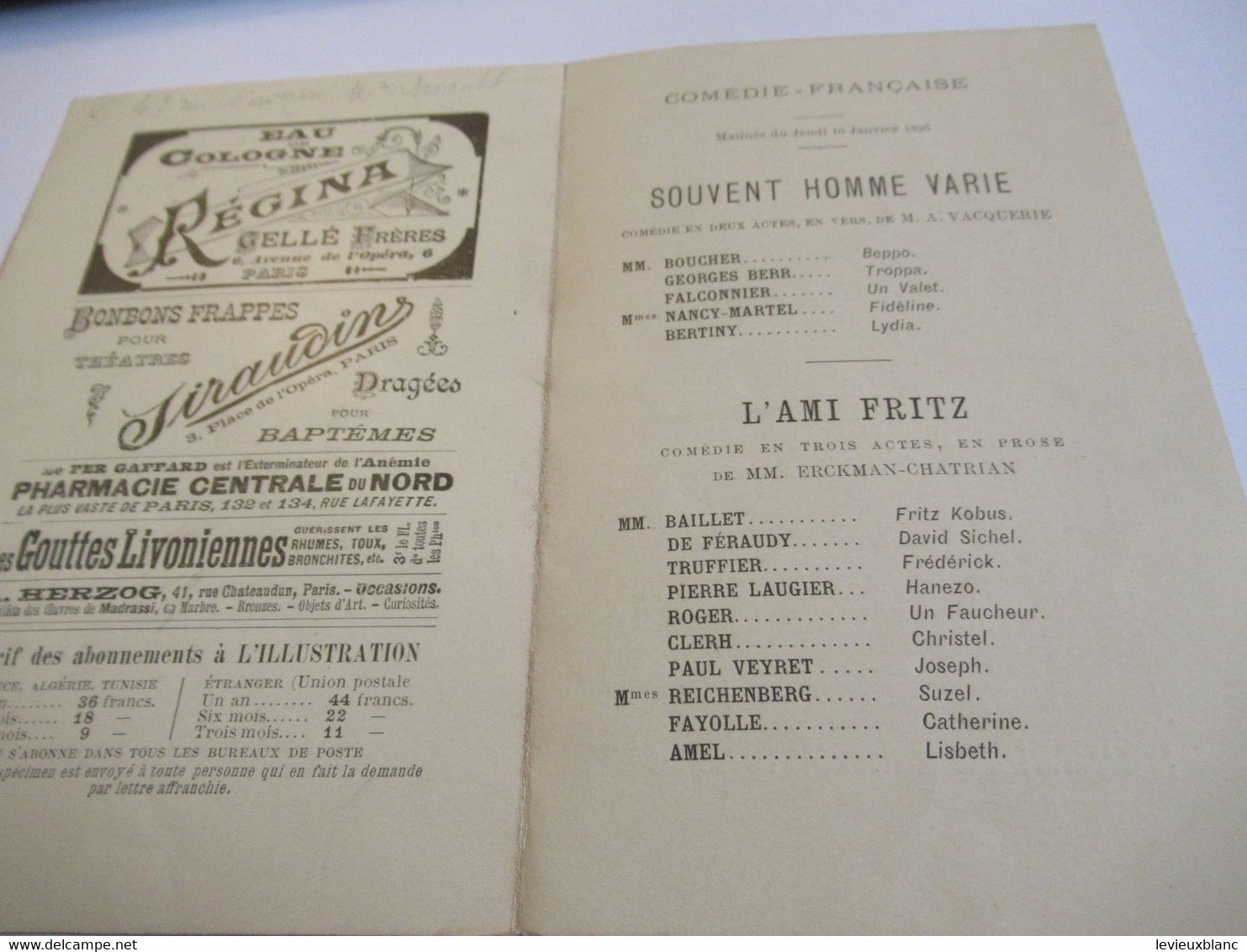 Petit Programme 2 Volets/Comédie Française/M De Féraudy/Souvent Homme Varie/L'Ami Fritz/L'Illustration/1896 COFIL13 - Programma's