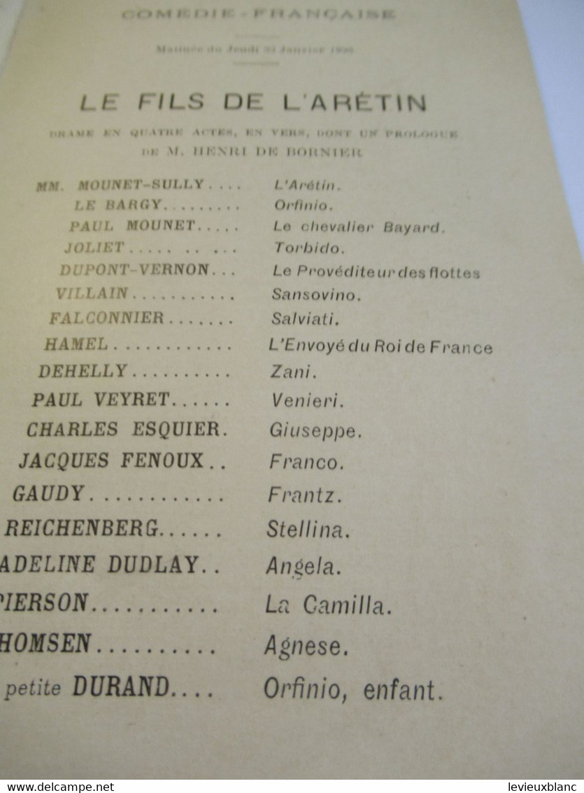 Petit Programme 2 Volets/Comédie Française/M MOUNET-SULLYLe Fils De L'Arétin/L'Illustration/1896 COFIL15 - Programma's