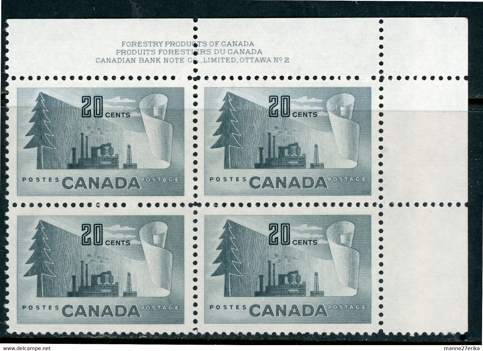 -Canada -1952-"Forest Products"- MNH (**) Plate Block - Num. Planches & Inscriptions Marge