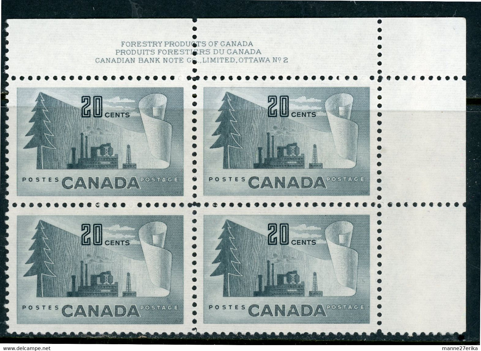 -Canada -1952-"Forest Products"- MNH (**) Plate Block - Plate Number & Inscriptions