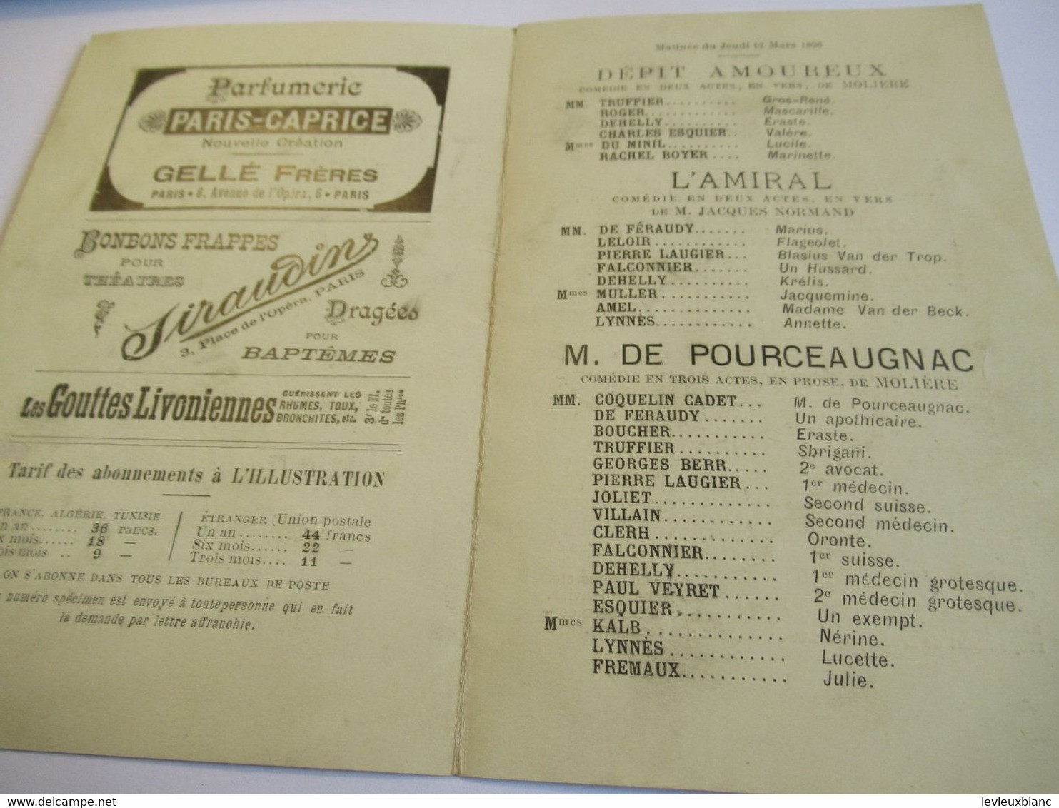 Petit Programme 2 Volets/Comédie Française/M COQUELIN-CADET/Dépit Amoureux/l'AMIRAL:/L'Illustration/1896         COFIL17 - Programmi