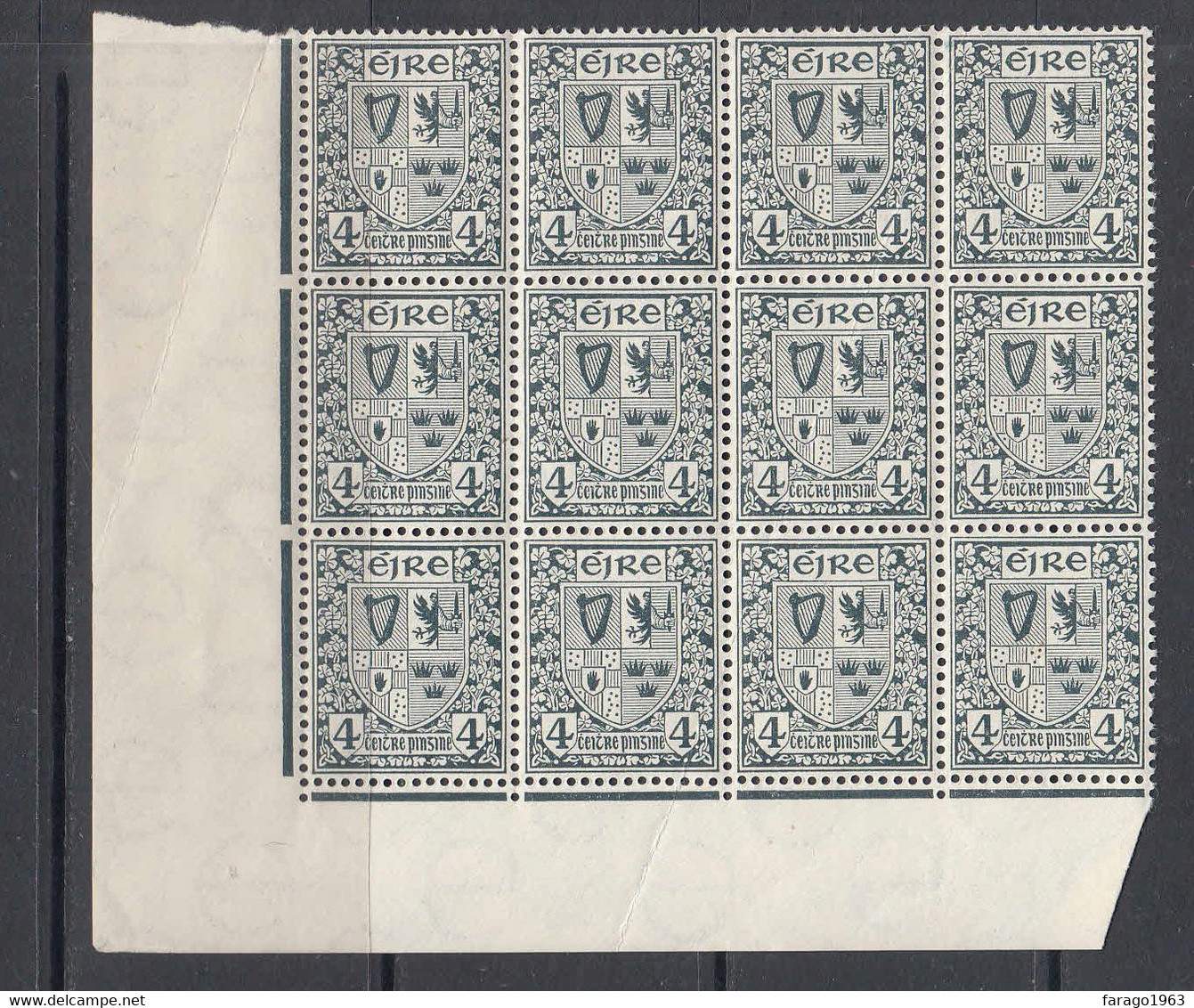 1940 Ireland 4p Slate Corner Block Of 12 MNH - Natural Gum Crease Affecting 4 Stamps (not Visible From Front) - Ongebruikt