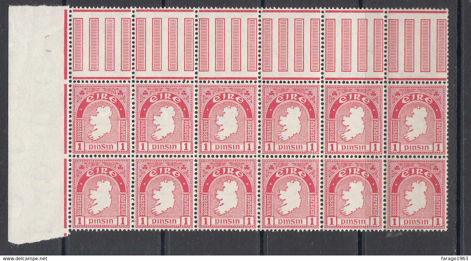 1941 Ireland 1p Carmine Rose Gutter Block Of 12 MNH - Unused Stamps