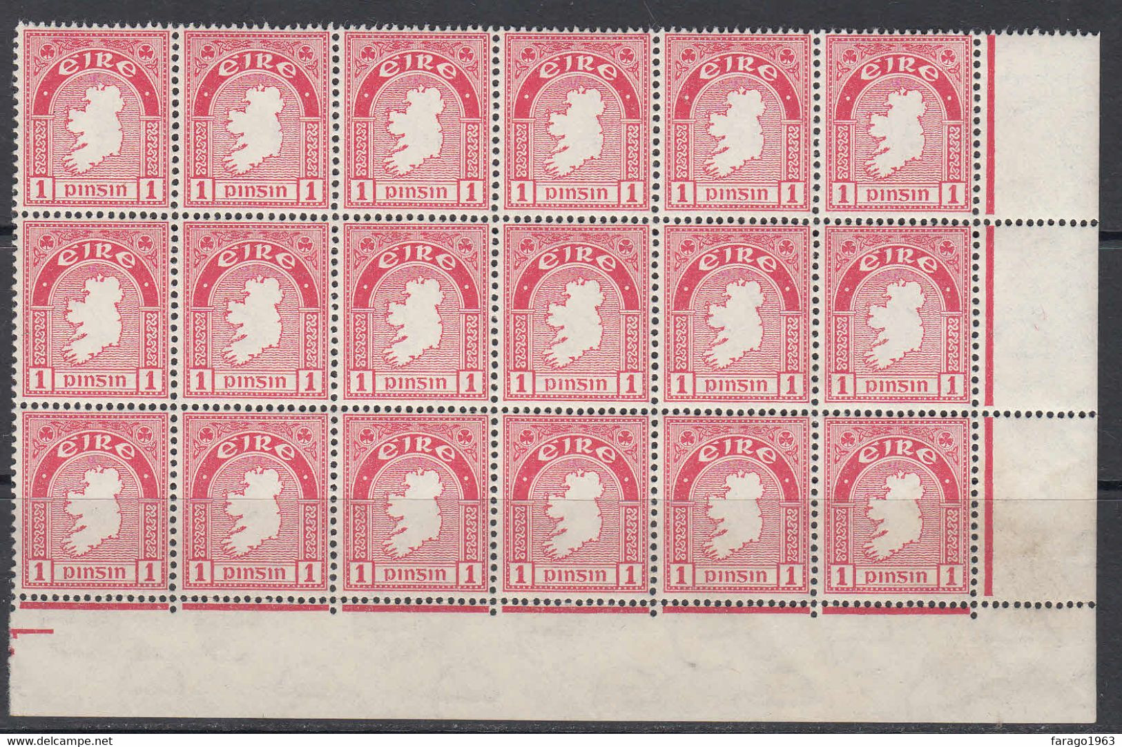1941 Ireland 1p Carmine Rose Corner Block Of 18 MNH - Unused Stamps