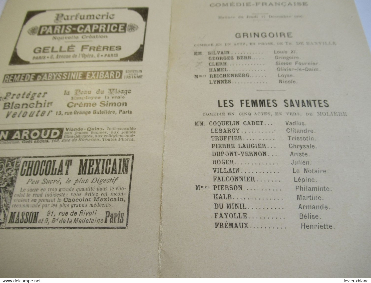 Petit Programme 2 Volets/Comédie Française/M TRUFFIER/Gringoire/l'es Femmes Savantes/L'Illustration/1896       COFIL18 - Programma's