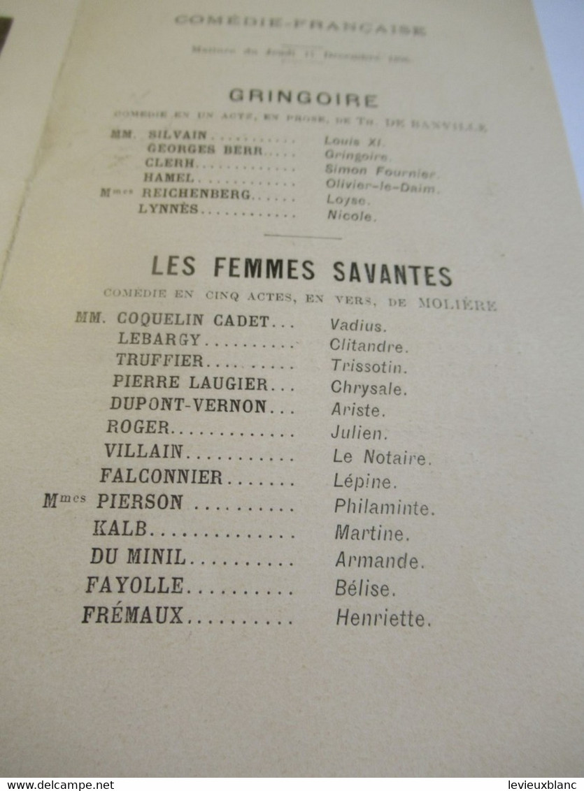 Petit Programme 2 Volets/Comédie Française/M TRUFFIER/Gringoire/l'es Femmes Savantes/L'Illustration/1896       COFIL18 - Programmi