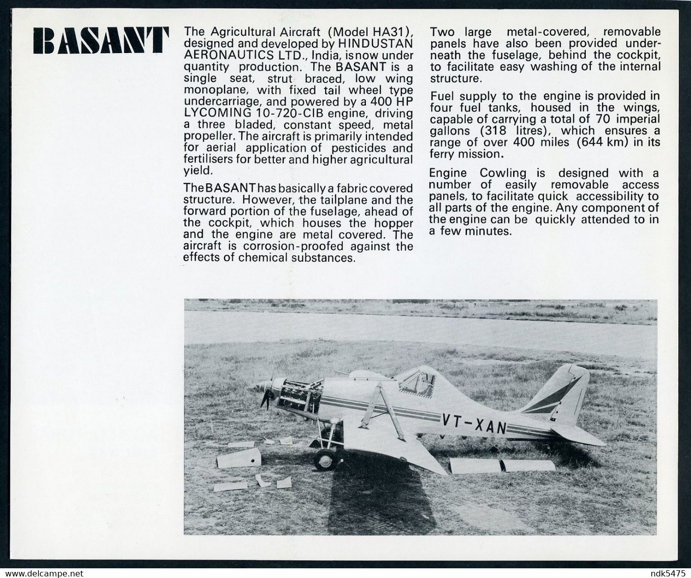 1970s BROCHURE : BASANT AGRICULTURAL AIRCRAFT - HINDUSTAN AERONAUTICS LTD., BANGALORE - Pubblicità