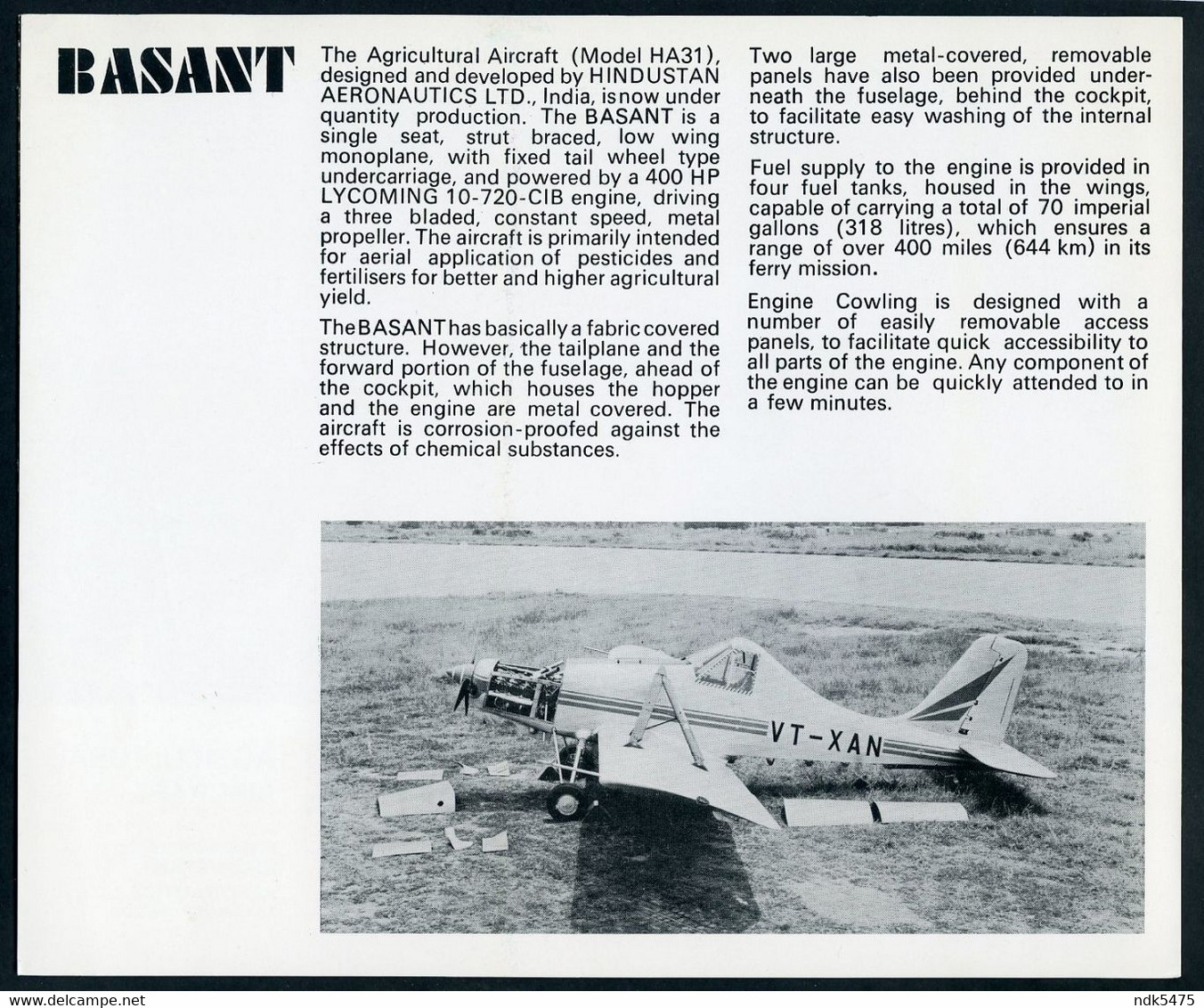 1970s BROCHURE : BASANT AGRICULTURAL AIRCRAFT - HINDUSTAN AERONAUTICS LTD., BANGALORE - Publicités