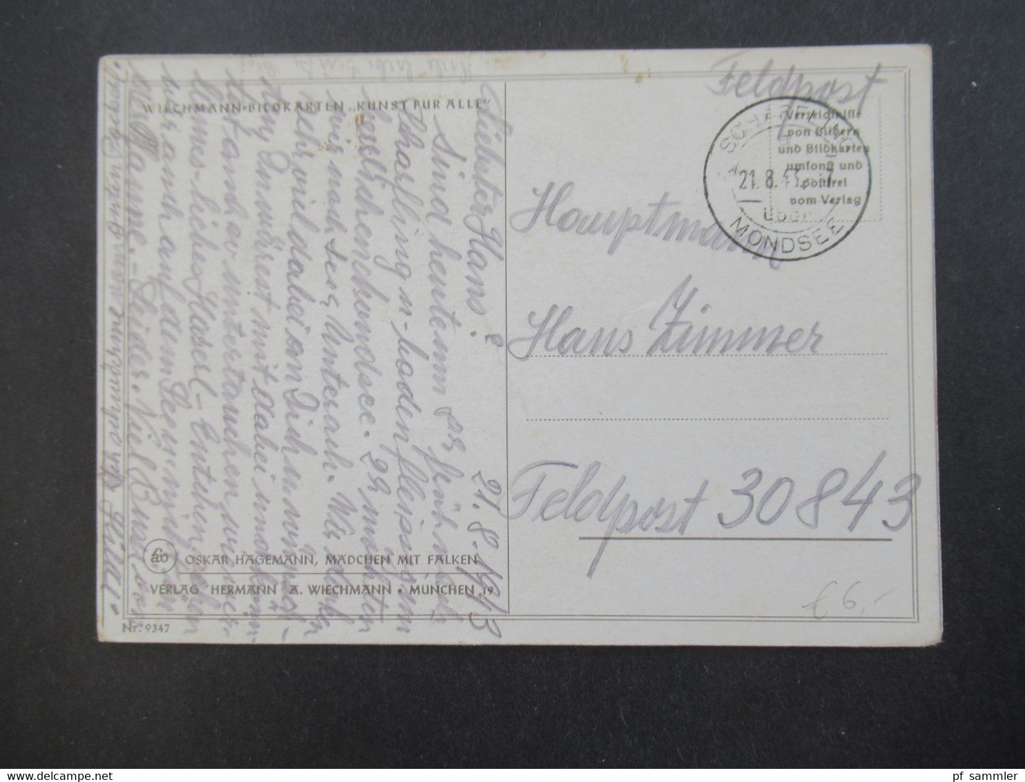 Feldpost 2.WK 3.Reich Ostmark 1943 Künstler PK Mädchen Mit Falken Oskar Hagemann Tagesstempel Scharfling über Mondsee - Brieven En Documenten