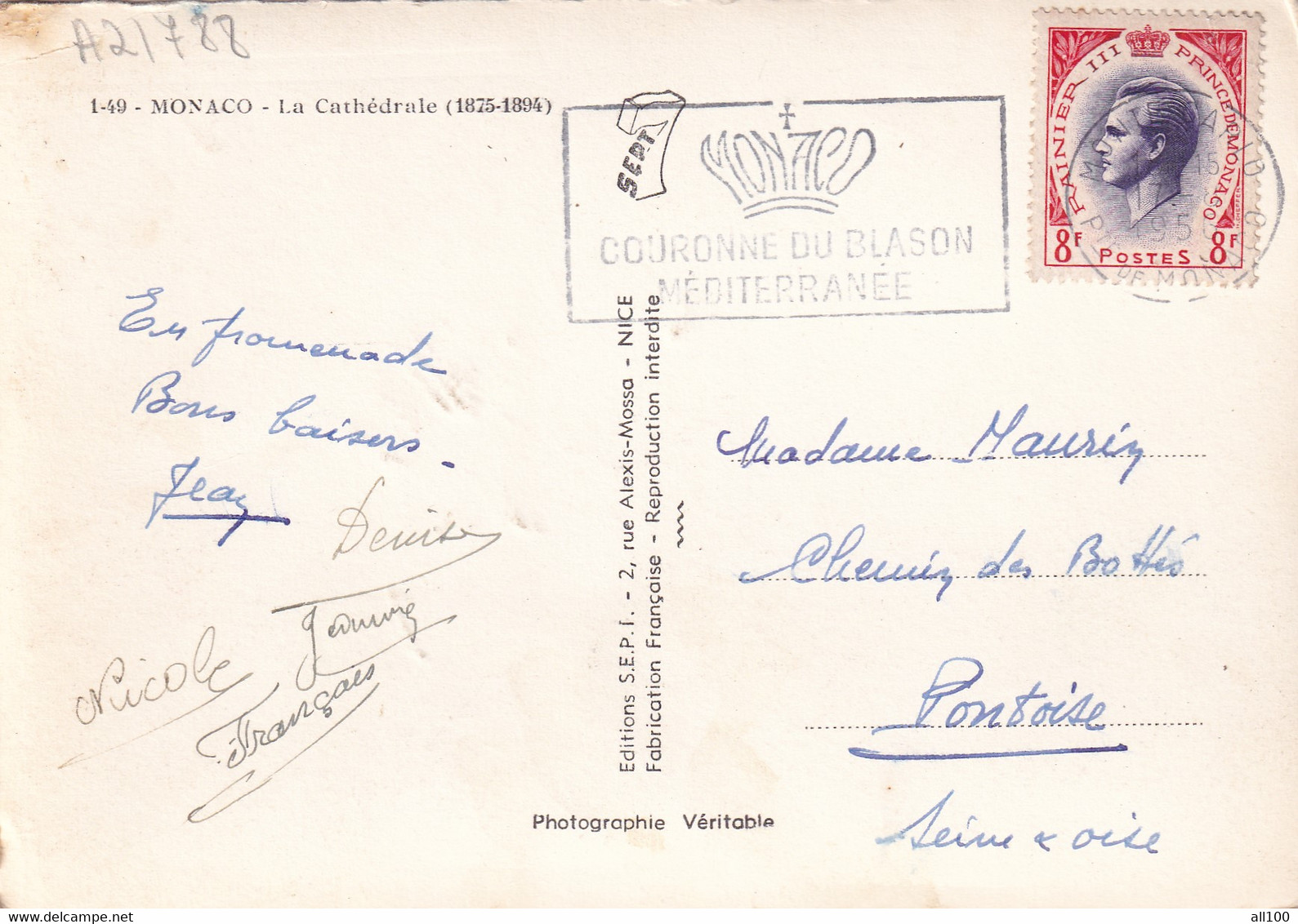 A21788 - MONACO Saint Nicholas Cathedral Post Card Used 1956 Stamp Rainier III Prince De Monaco Sent To France - Cattedrale Dell'Immacolata Concezione