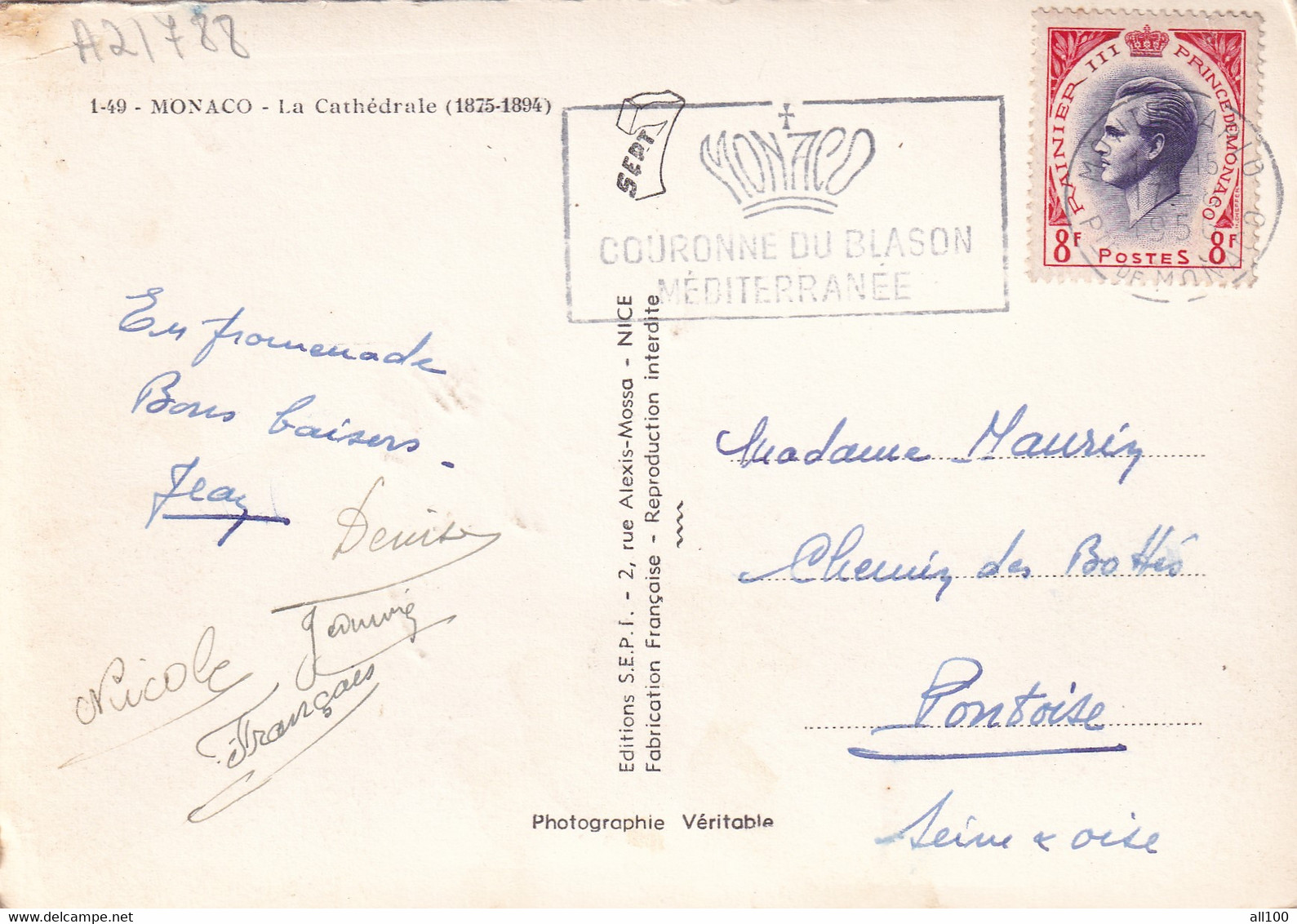 A21788 - MONACO Saint Nicholas Cathedral Post Card Used 1956 Stamp Rainier III Prince De Monaco Sent To France - Kathedrale Notre-Dame-Immaculée