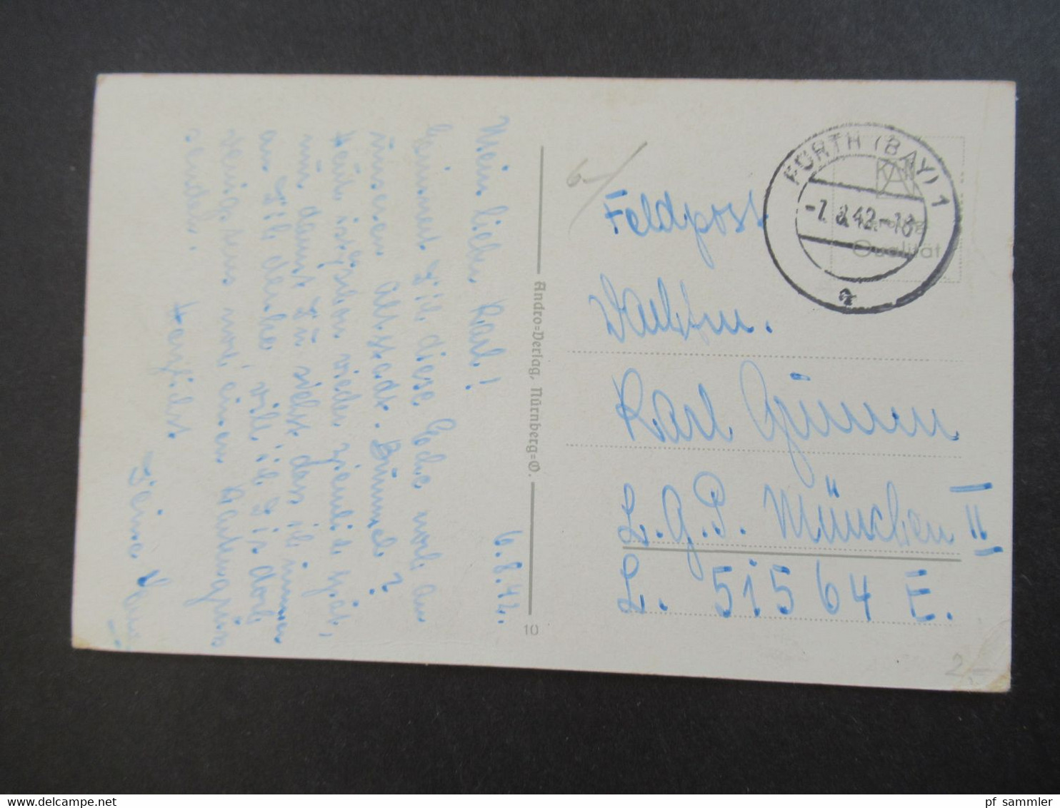 Feldpost 2.WK 3.Reich 1942 PK Nürnberg Tagesstempel Fürth (Bay) 1 An Die FP Nr. Luftgau Postamt München II 51564 - Storia Postale