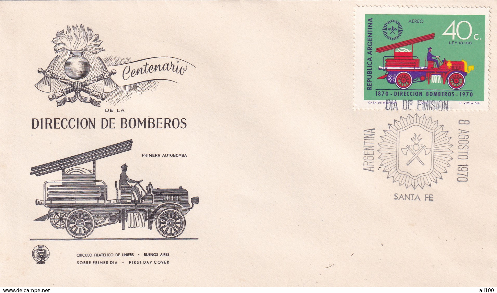 A21859 - FDC Centenario De La Direccion De Bomberos Cover Envelope Unused 1970 Stamp Republica Argentina Aereo - FDC