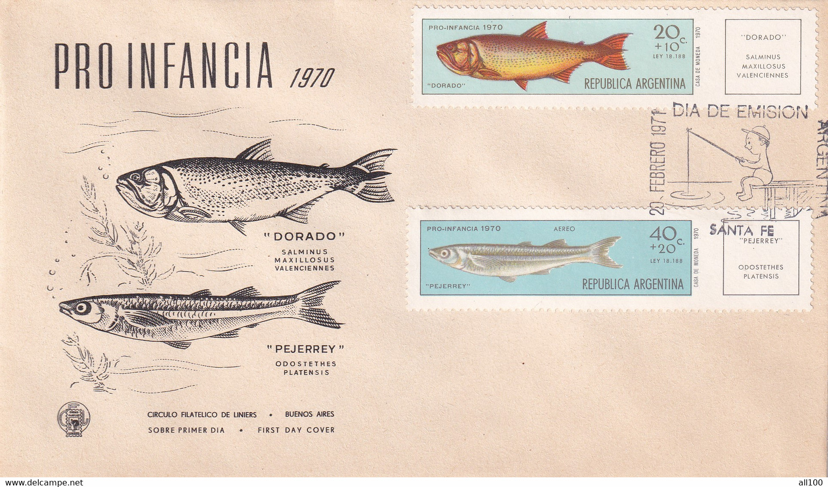 A21860 - FDC Pro Infancia Dorado Pejerrey Buenos Aires Cover Envelope Unused 1970 Stamp Republica Argentina Fish Fishing - FDC