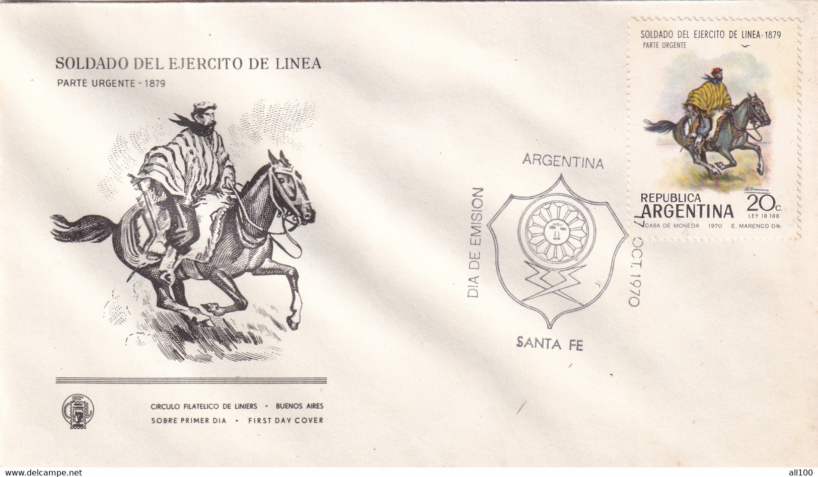 A21861 - FDC Soldado Del Ejercito De Linea Buenos Aires Cover Envelope Unused 1970 Stamp Republica Argentina Horse - FDC